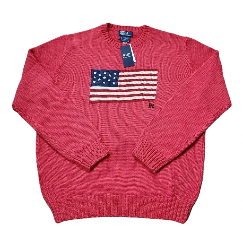 NWT Polo Ralph Lauren Iconic Flag Size XL Unisex USA Made Topaz Red Sweater
